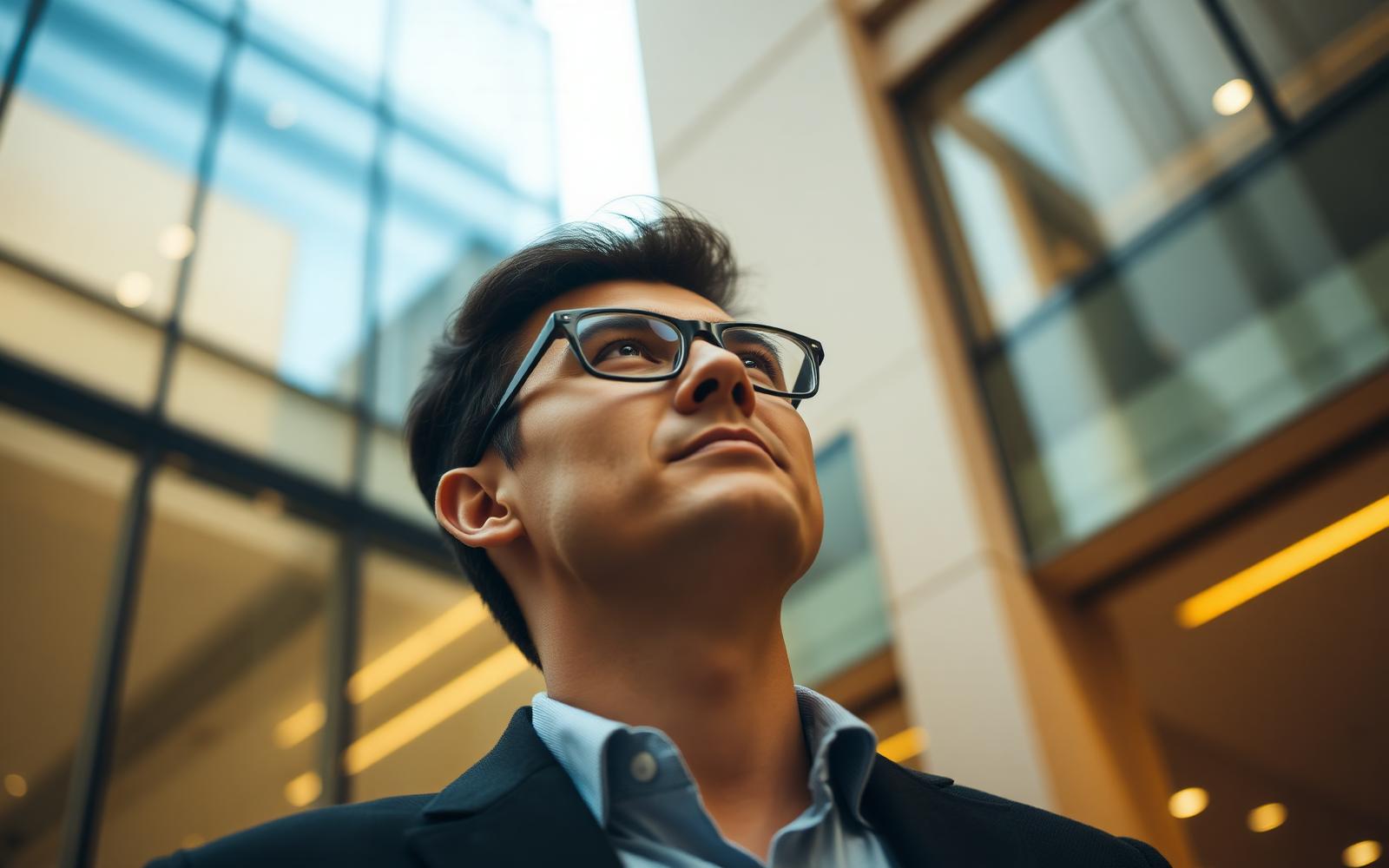 Empresário olhando para o alto em um edifício corporativo